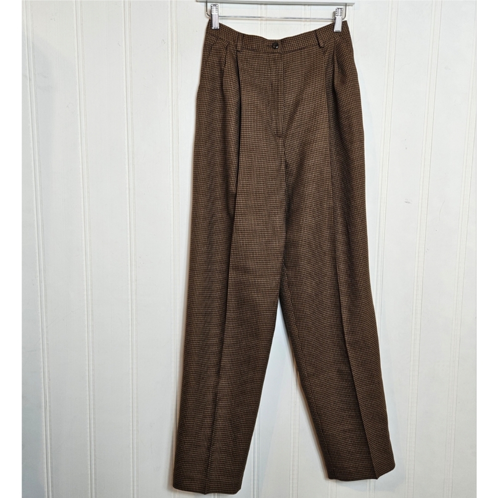 Vintage Rafaella Wool Trousers Size 6 Houndstooth High Rise Pleated Brown 90s - Picture 2 of 13